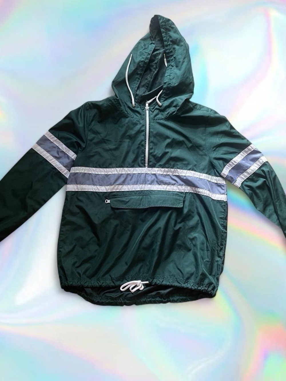 Women’s Hooded Windbreaker Jacket in Dark Green with Blue Stripes